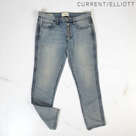 Current/Elliott 'The Zig Zag Fling' Studded Denim Blue Jeans – Size 27 - ($278) - Picture 1 of 8